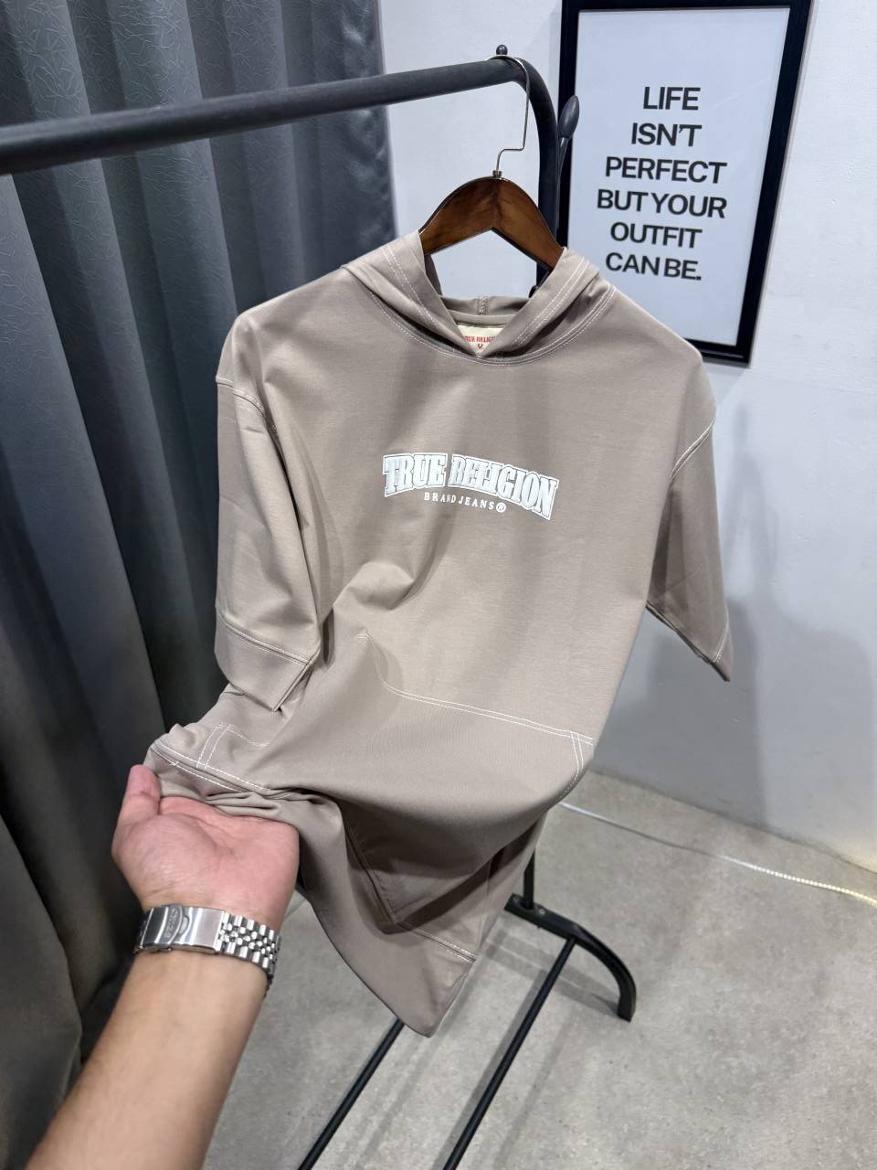 True religion drop shoulder hooded imported tshirt beige