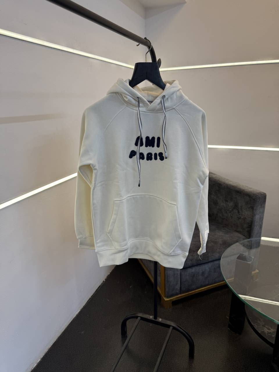 Ami paris oversize imported fleece hoodie with front embroidery branding cream