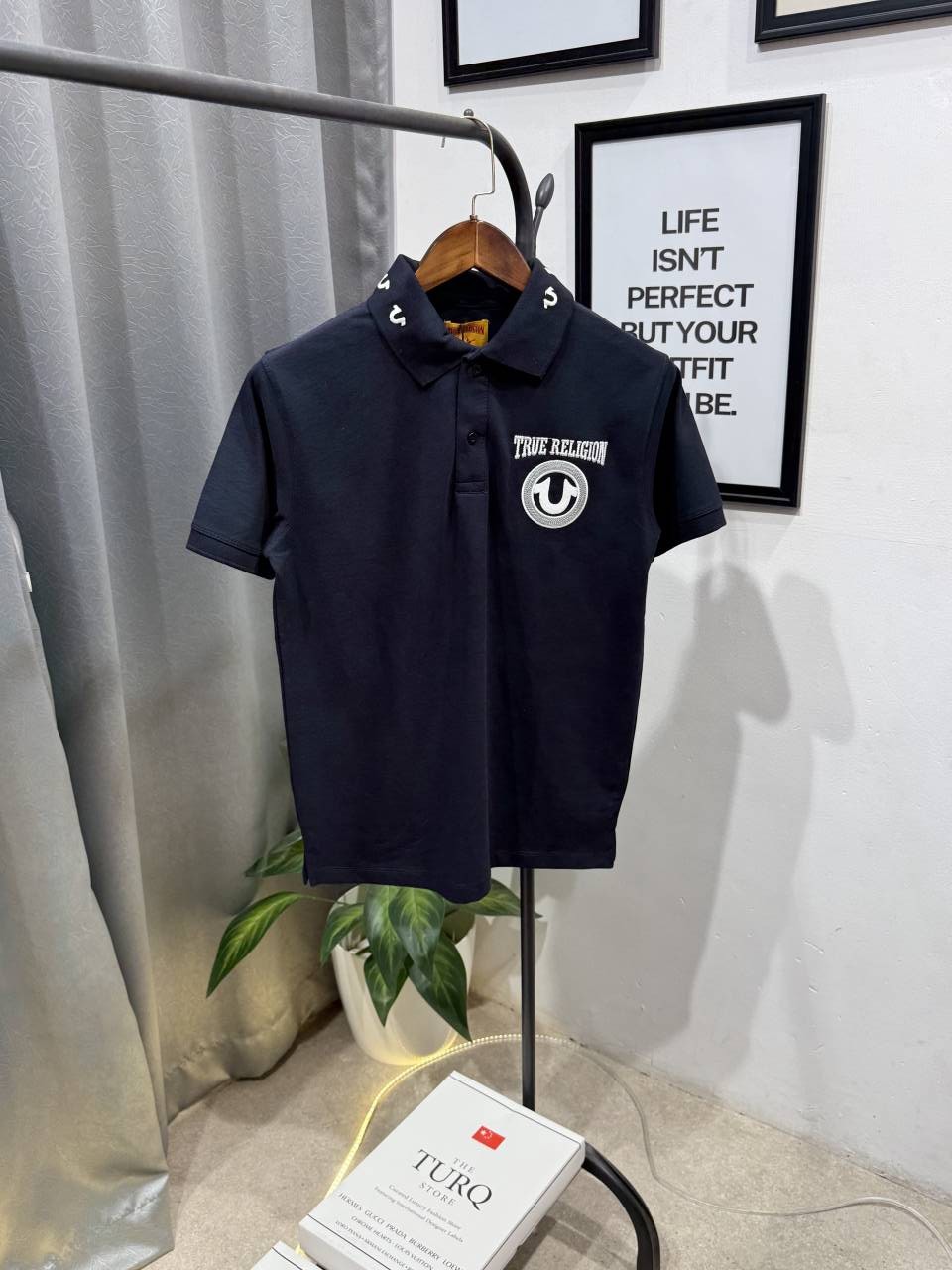 True religion embroidery logo imported polo tshirt navy blue