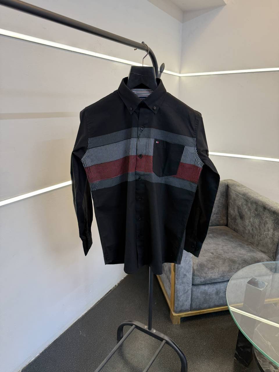 Tommy hilfigar imported front pocket shirt with brand button and embroidery logo on chest black