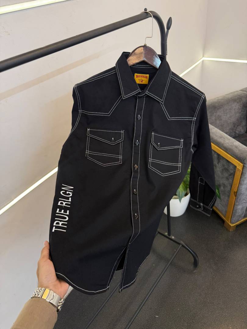 True religion black imported cargo double pocket shirt