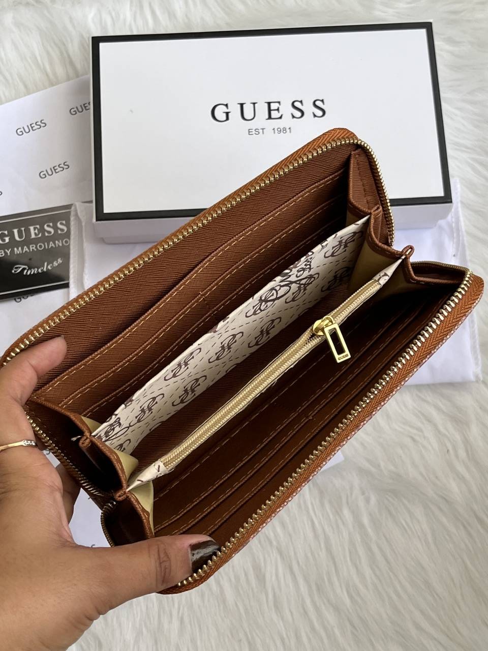 Guess 001 Light Apricot Long Zippy Wallet With Original Box Dust Cover Card & Brand Packaging