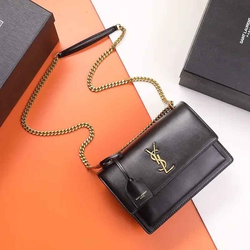 YSL Saint Laurent Sunset Premium Shoulder Bag With OG Double Magnetic Box & Dust Bag (Black - Gold - 936)
