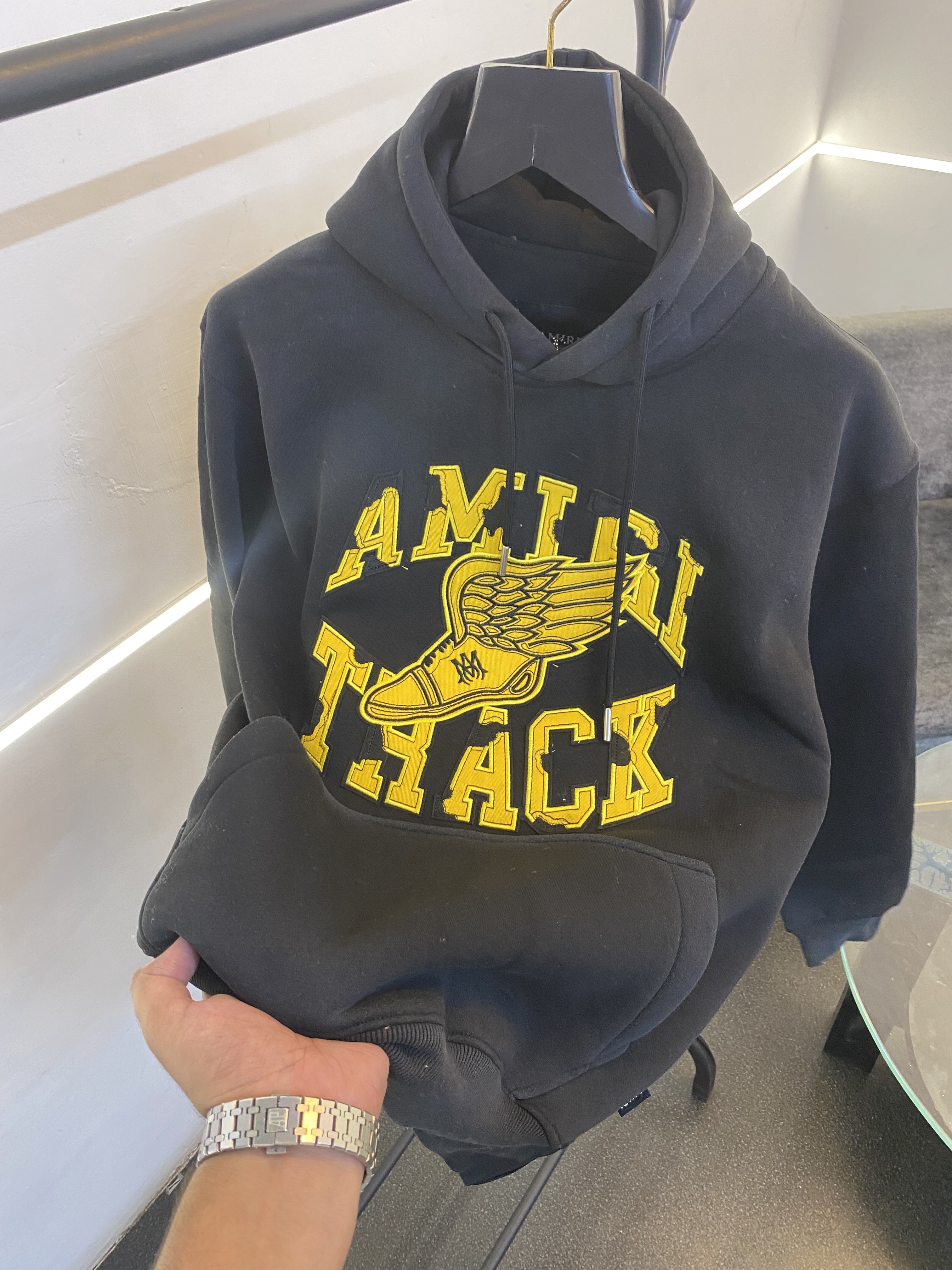 Ameeri heavy gsm fleece fabric hoody sweatshirt with ameeri applique embroidery work with shaded spray work as original black