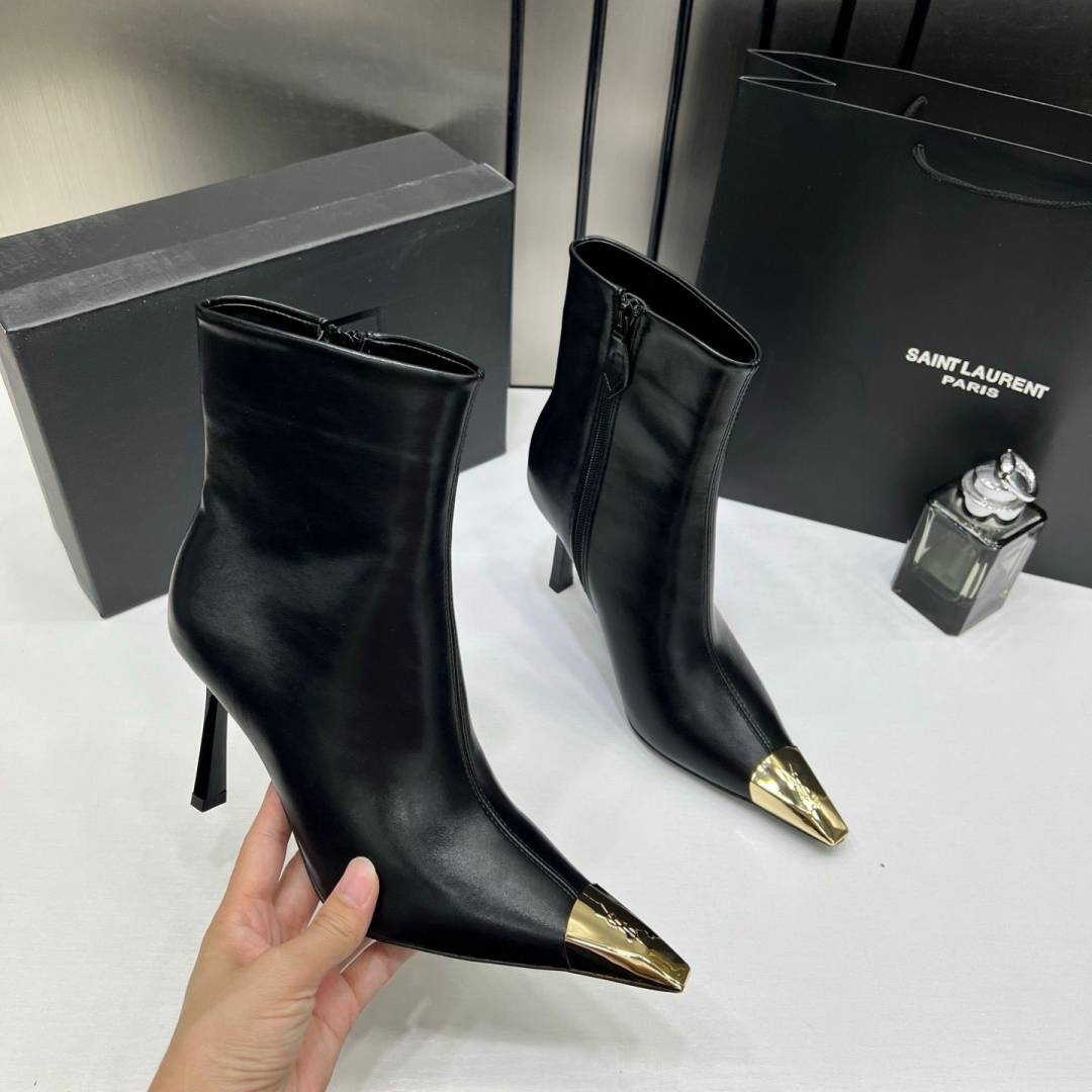 Ysl Saint Laurent Paris Black High-Heeled Ankle Boots With Gold Metal Toe Cap With OG Box Dust Cover & Carry Bag B1 Black