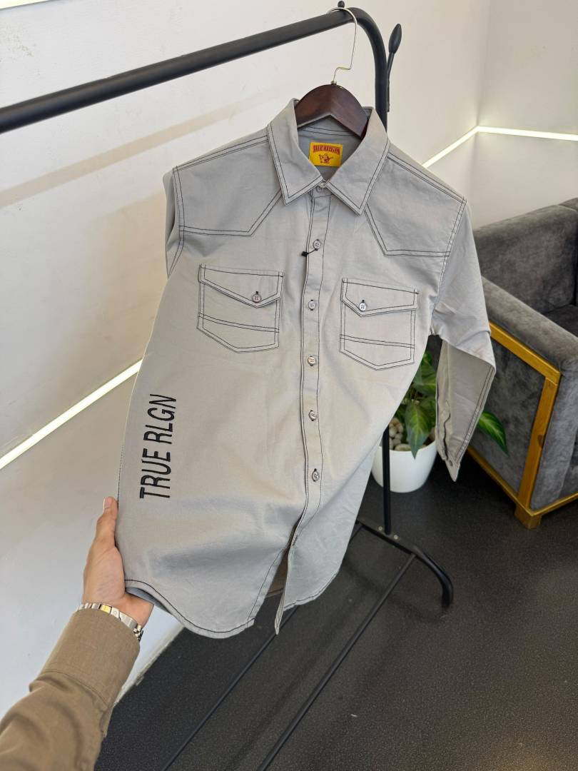 True religion grey imported cargo double pocket shirt