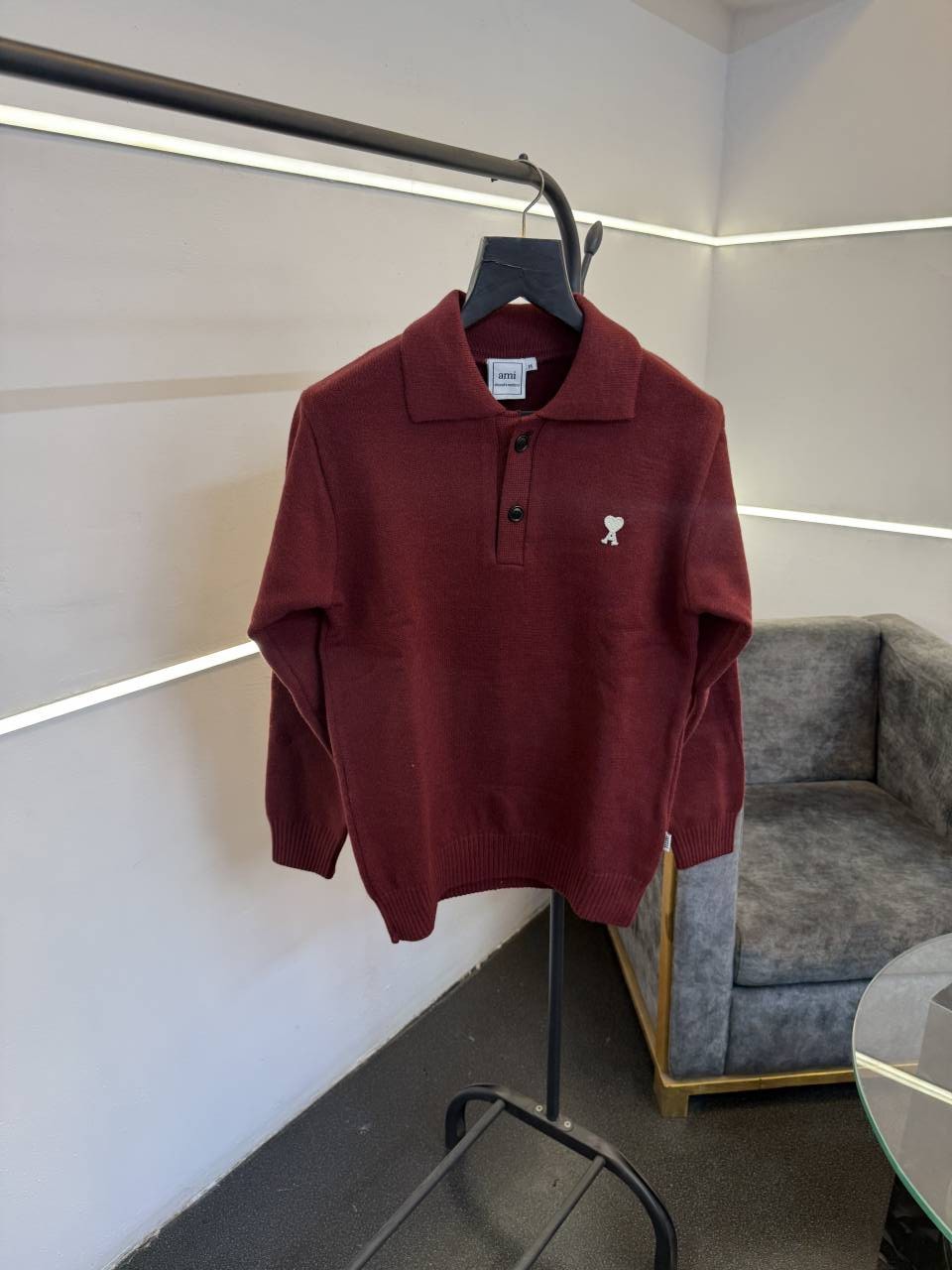 Ami imported knitted collared sweatshirt with brand button maroon