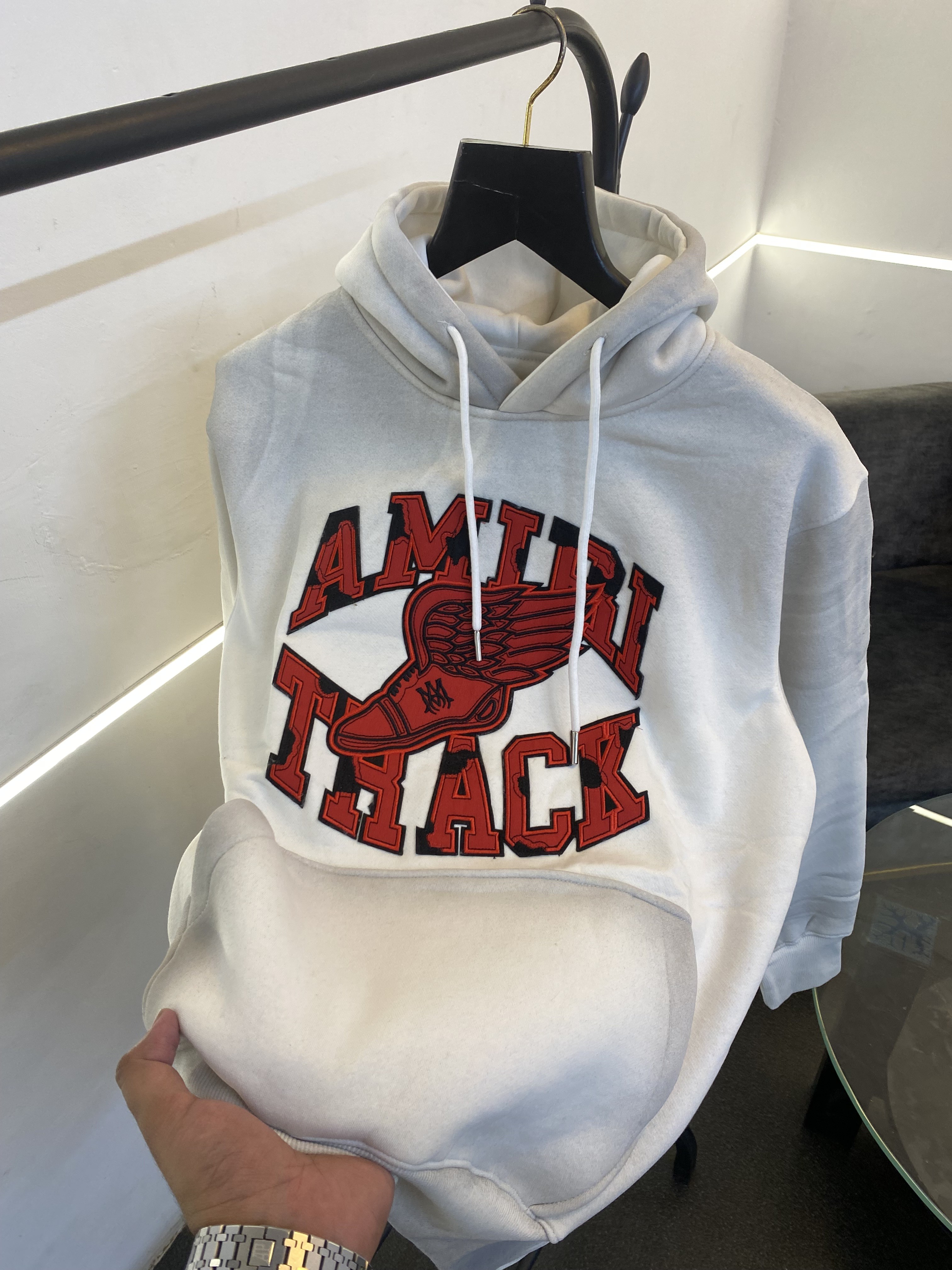 Ameeri heavy gsm fleece fabric hoody sweatshirt with ameeri applique embroidery work with shaded spray work as original white sale