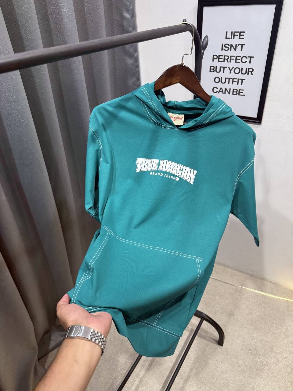 True religion drop shoulder hooded imported tshirt c green