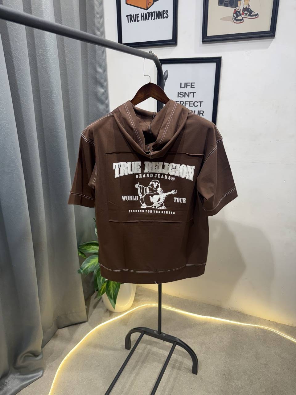 True religion drop shoulder hooded imported tshirt brown