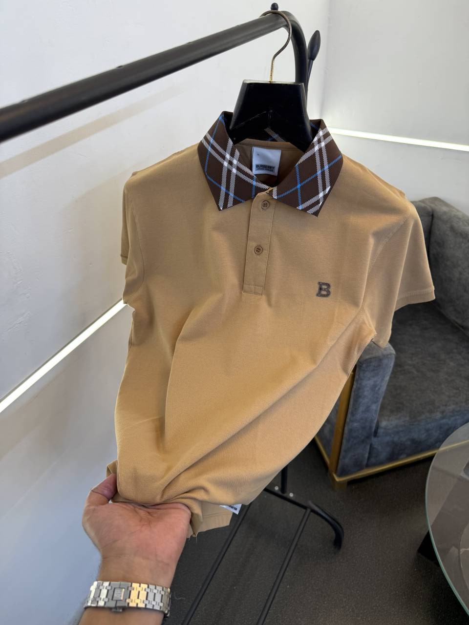 Burbery beige self knitted polo tshirt with multi collar and chest logo