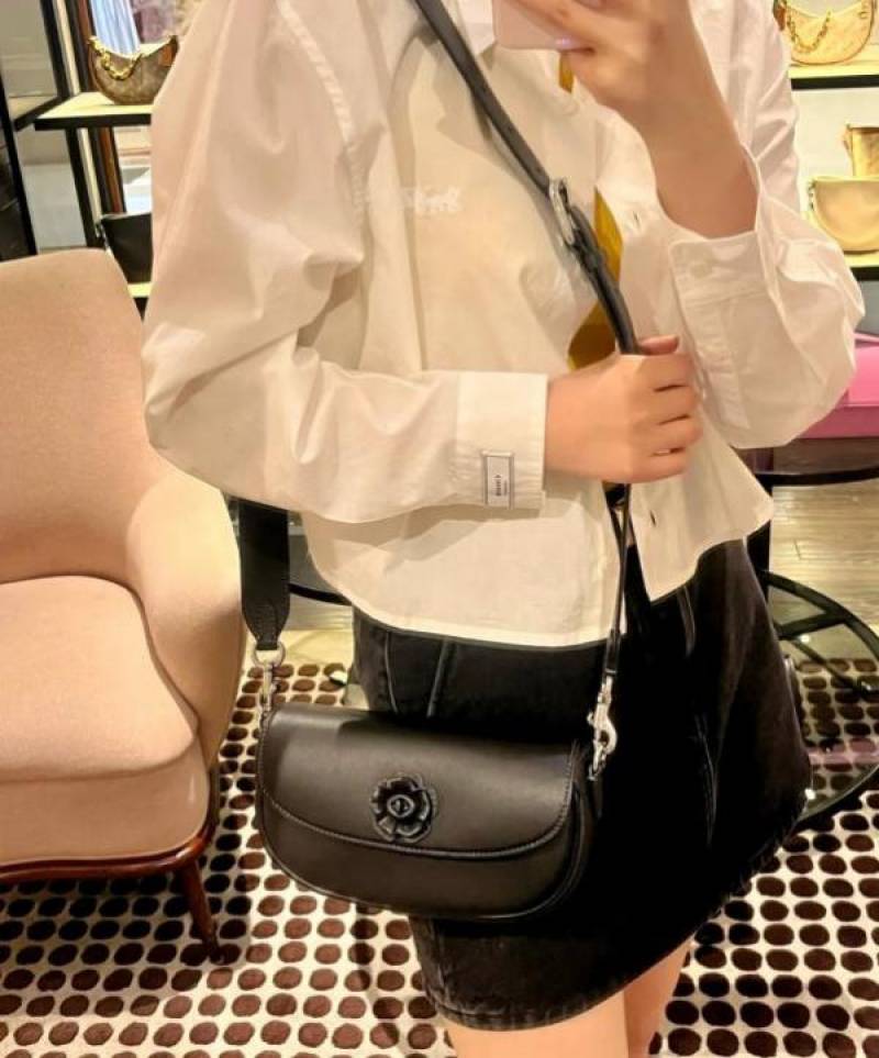 Coaach Emmy Tea Rose Saddle Premium Crossbody Shoulder Bag With OG Double Box & Dust Bag (Black Flower - 1004)