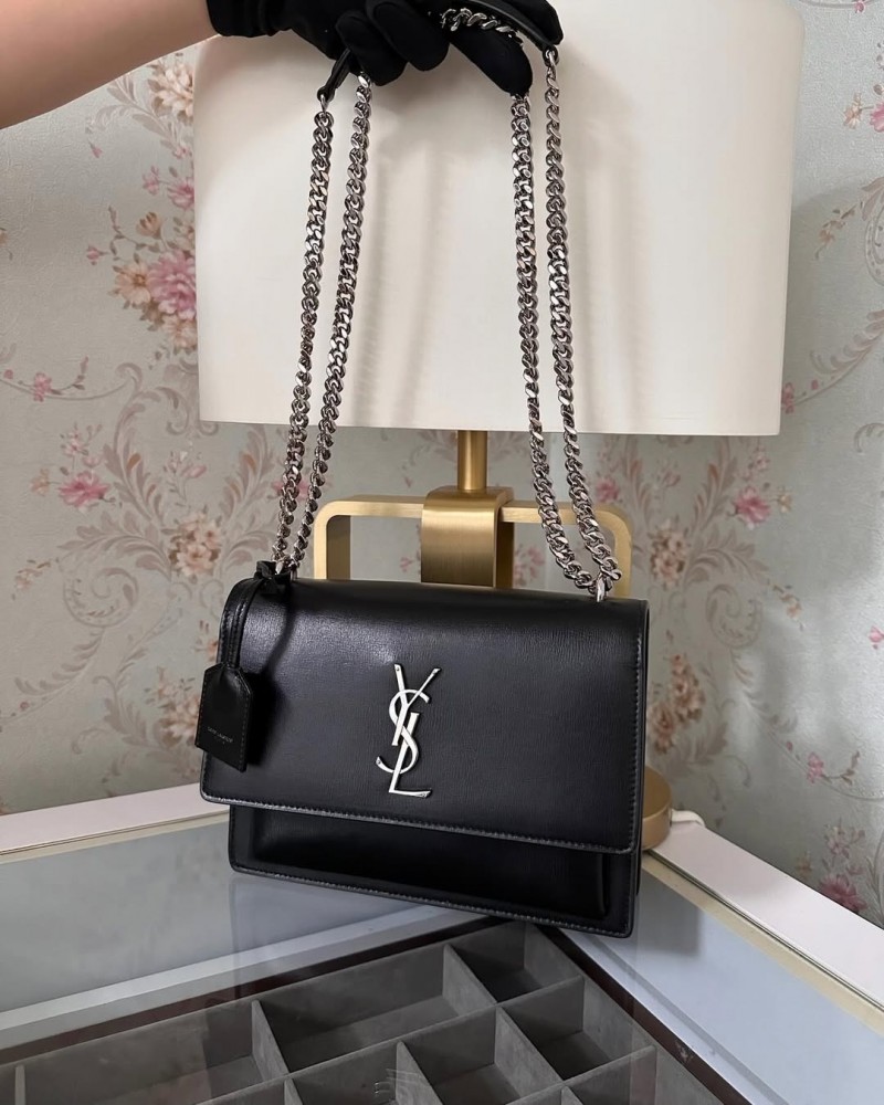 YSL Saint Laurent Sunset Premium Shoulder Bag With OG Double Magnetic Box & Dust Bag (Black - Silver - 937)