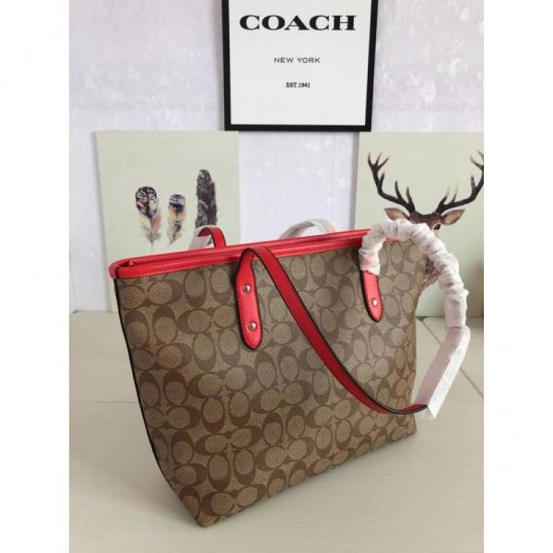 Coaach Signature City Tote Bag With OG Box & Dust Bag (Aapricot Red - 810)