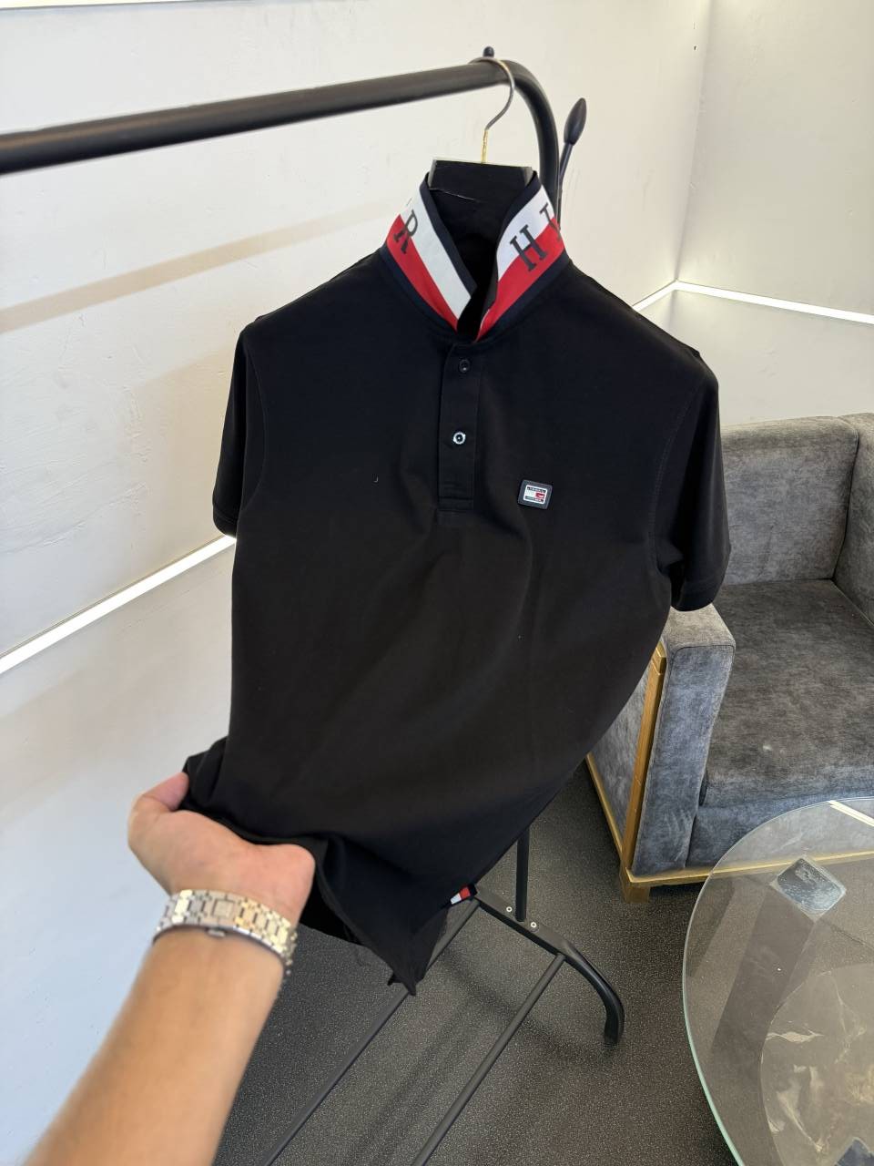 Tommy hilfigar steel logo matty cotton imported polo tshirt with brand collar black sale