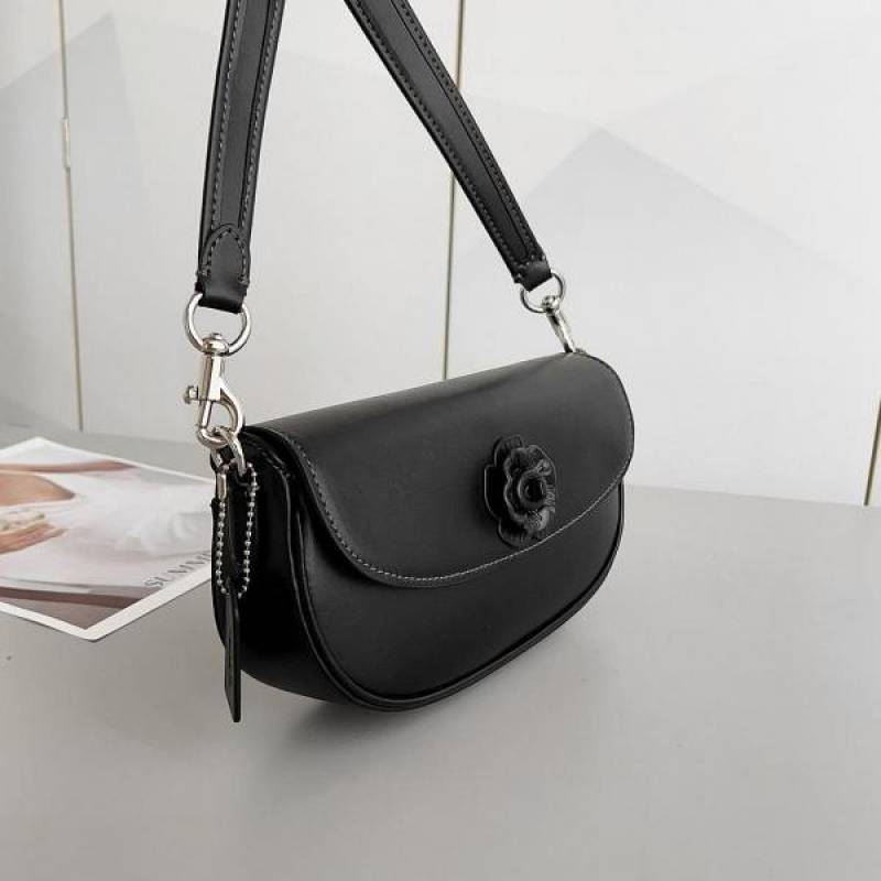 Coaach Emmy Tea Rose Saddle Premium Crossbody Shoulder Bag With OG Double Box & Dust Bag (Black Flower - 1004)
