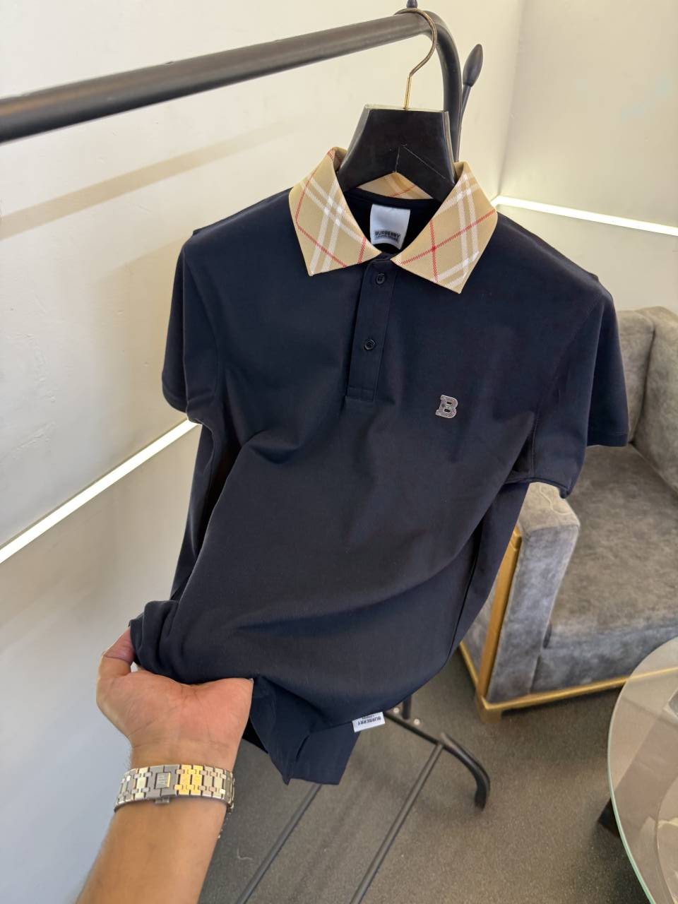 Burbery navy blue self knitted polo tshirt with multi collar and chest logo