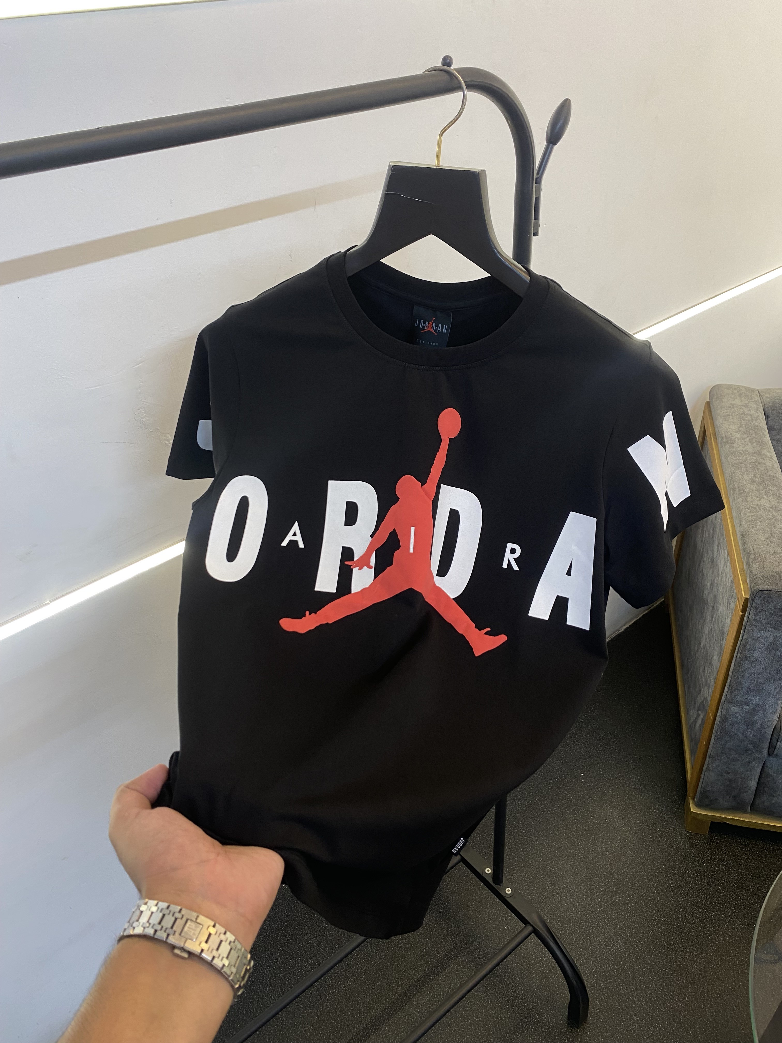 Air jordan full front print with logo imported round neck tshirt black