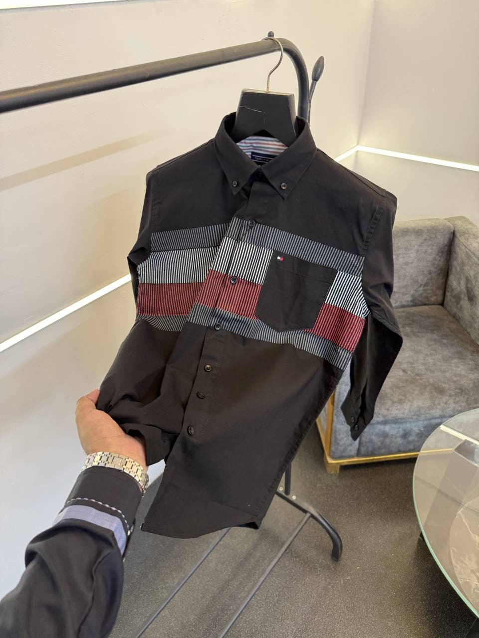 Tommy hilfigar imported front pocket shirt with brand button and embroidery logo on chest black