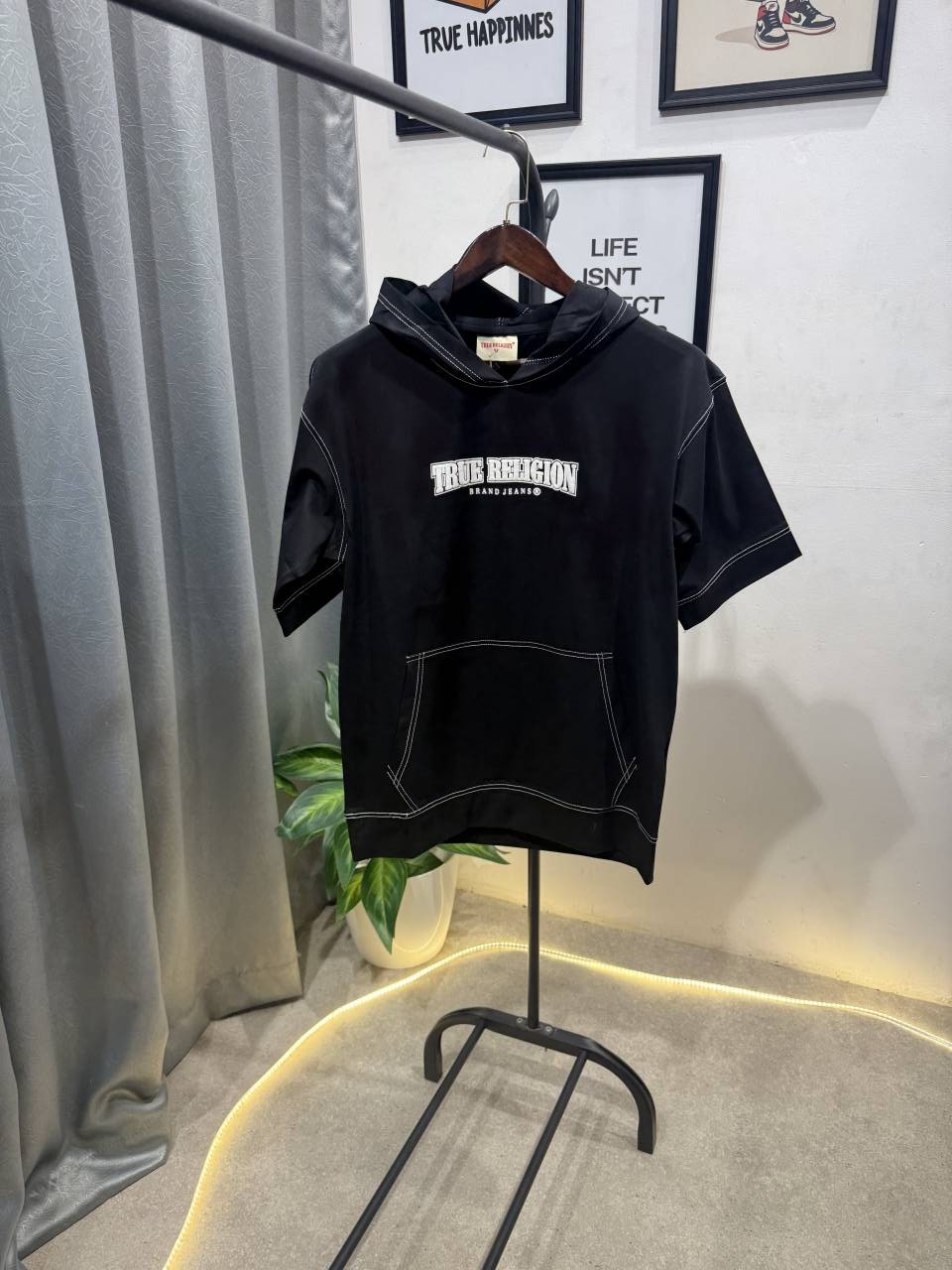 True religion drop shoulder hooded imported tshirt black