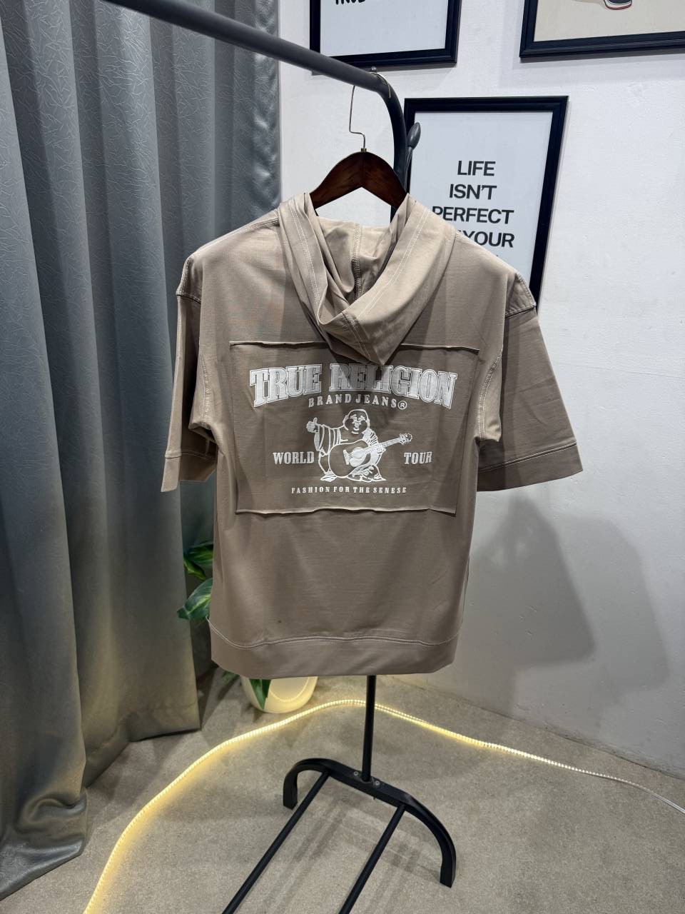 True religion drop shoulder hooded imported tshirt beige
