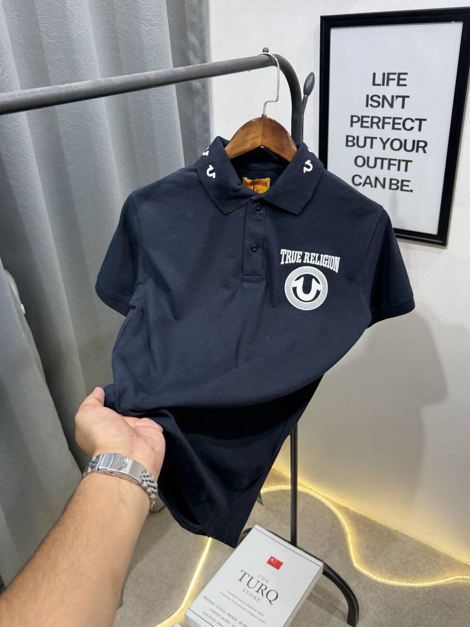 True religion embroidery logo imported polo tshirt navy blue