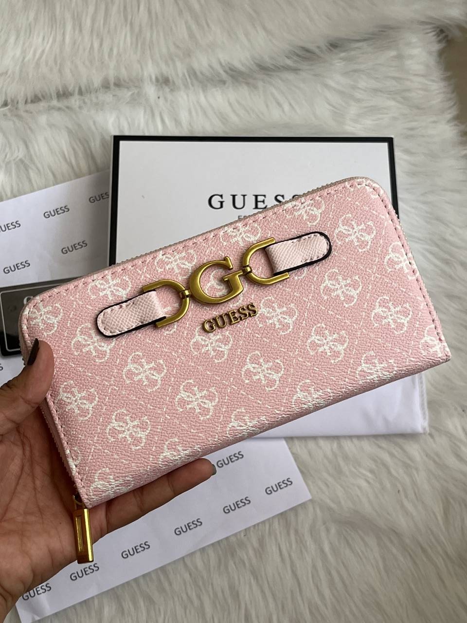 Guess 001 Light Pink Long Zippy Wallet With Original Box Dust Cover Card & Brand Packaging
