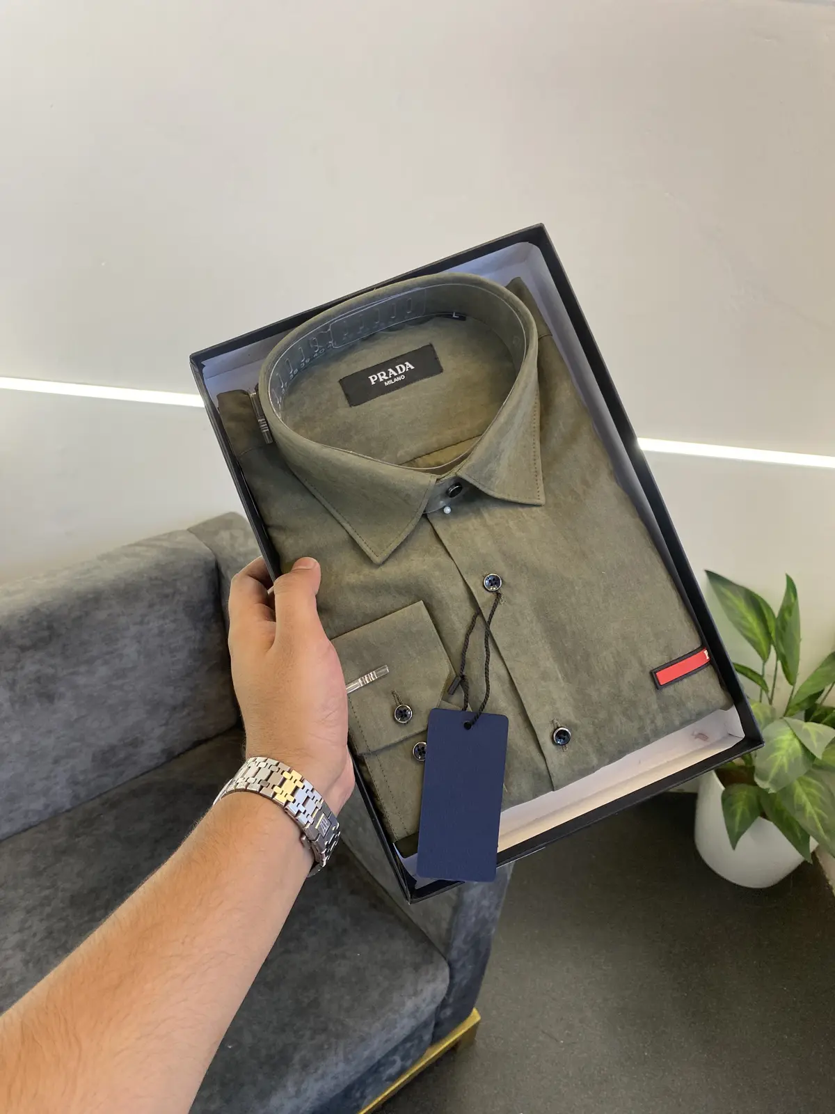 Prada style 04 cotton suede imported box pack shirt olive - Image 3