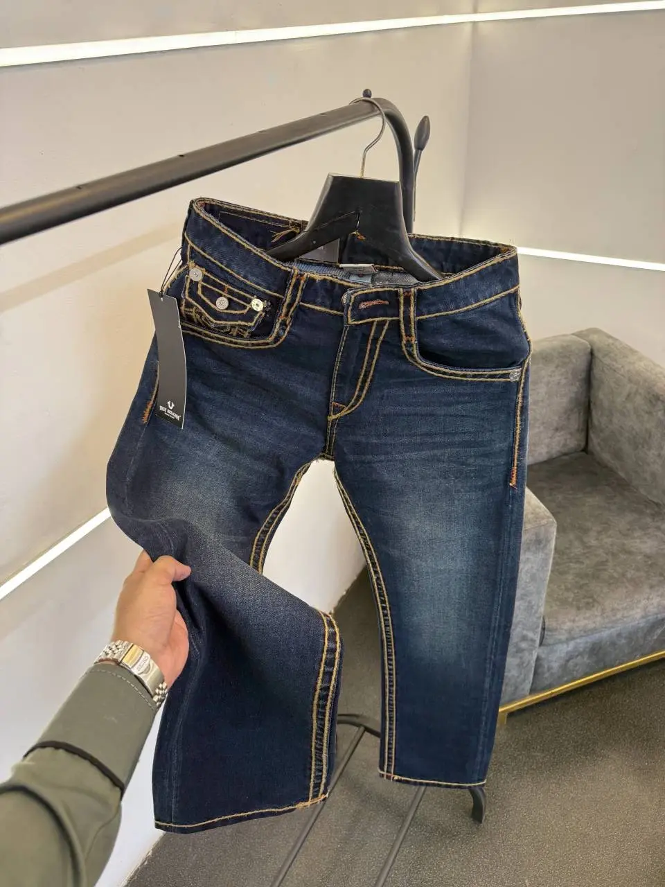 True religion hyperflex blue imported denim with brand button and pattern on back - Image 2