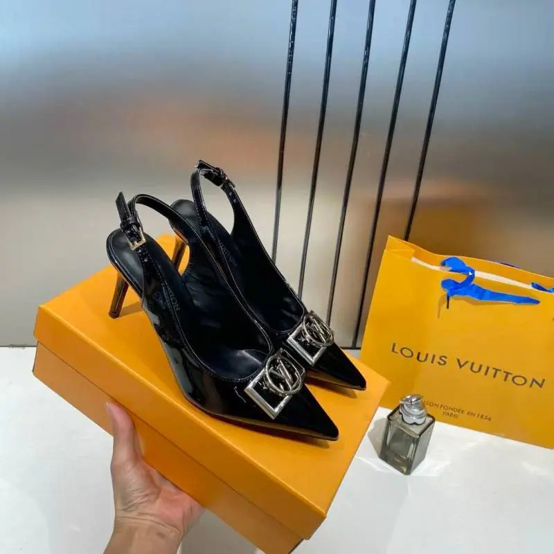Louis Vuitton Black Patent Leather Slingback Pump Silver-tone Lv Logo Pointed Toe With OG Box & Carry Bag 936 Black - Image 3