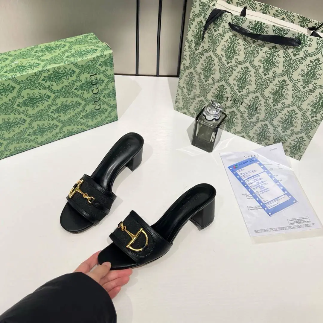 Gucci Horsebit Slide Sandals Mid Heel Iconic GG Canvas With OG Box & Carry Bag 1295-2 Black - Image 2