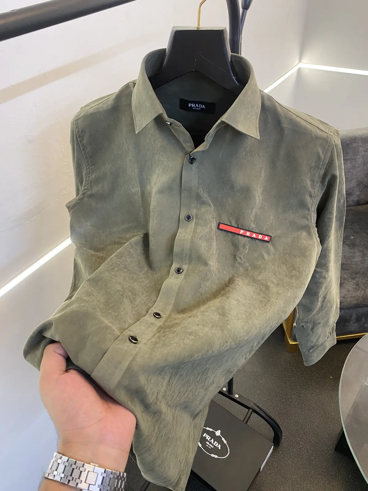 Prada style 04 cotton suede imported box pack shirt olive - Image 2