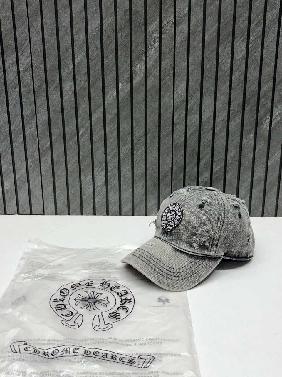 Chrome Hearts Ripped Denim Grey Premium Unisex Hat With Original Zip Polly Bag - Image 2