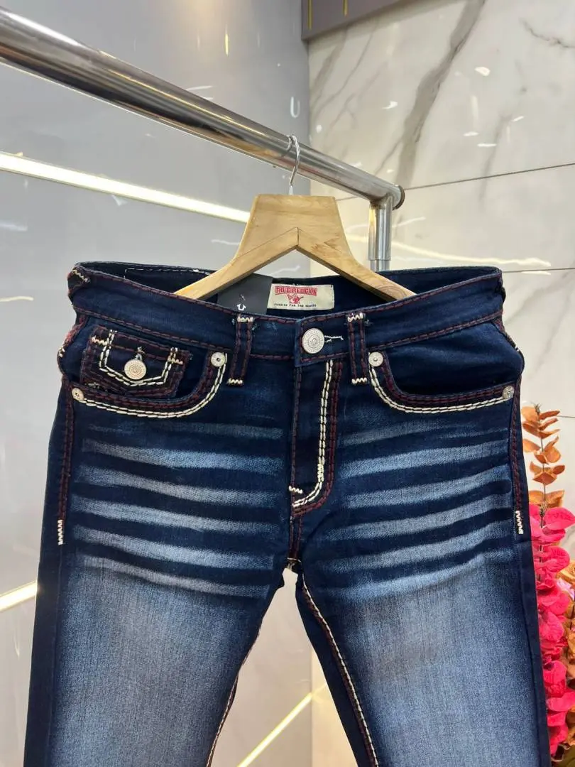 True Religion Blue shade Boot Cut Premium Imported Stretchable Lycra Fabric Denim with Back Pocket Embroidered Design 3956 - Image 4
