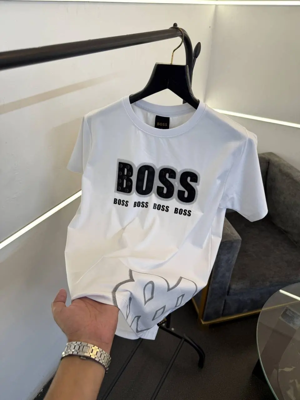 Hugo bos round neck tshirt with imported boss hd work bottom boss logo engraved print white - Image 2