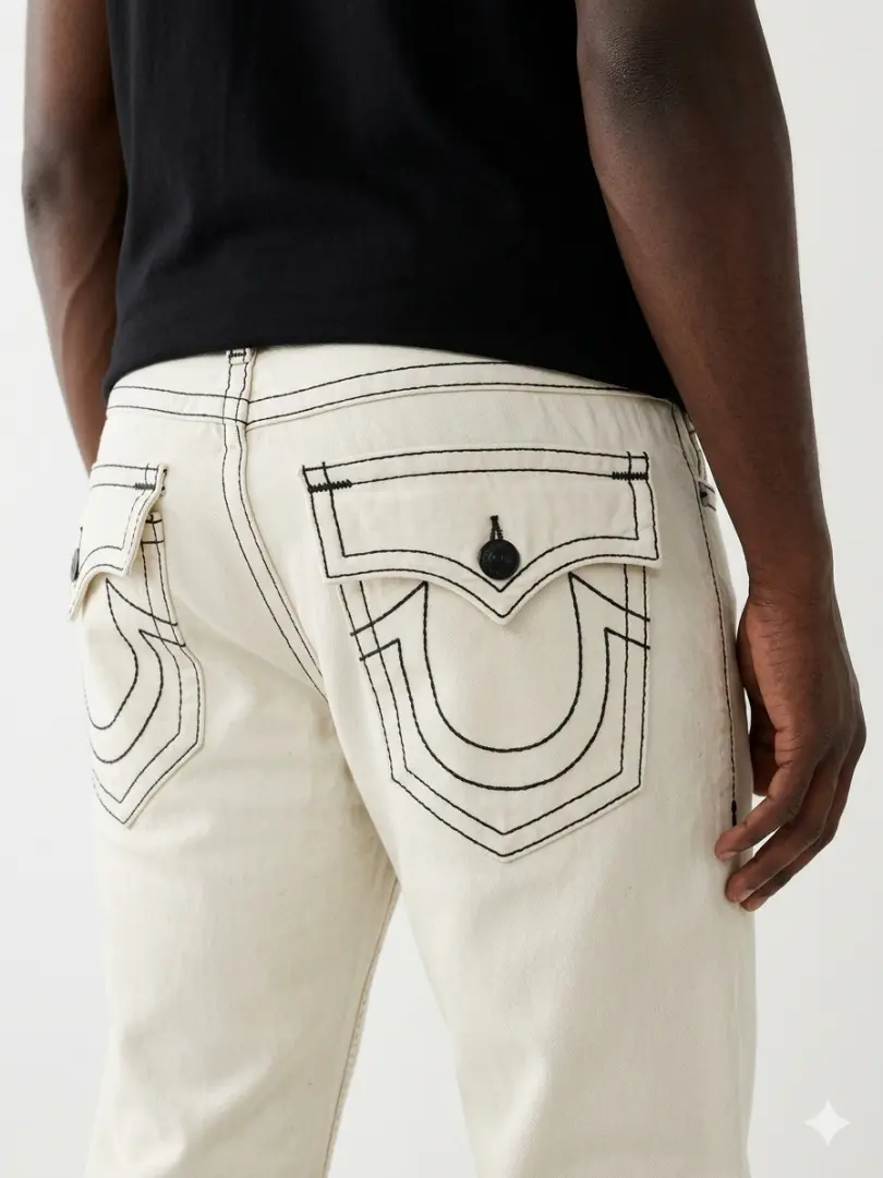 True Religion Cream Straight fit Premium Imported Stretchable Lycra Fabric Denim with Back Pocket Embroidered Design 4175
