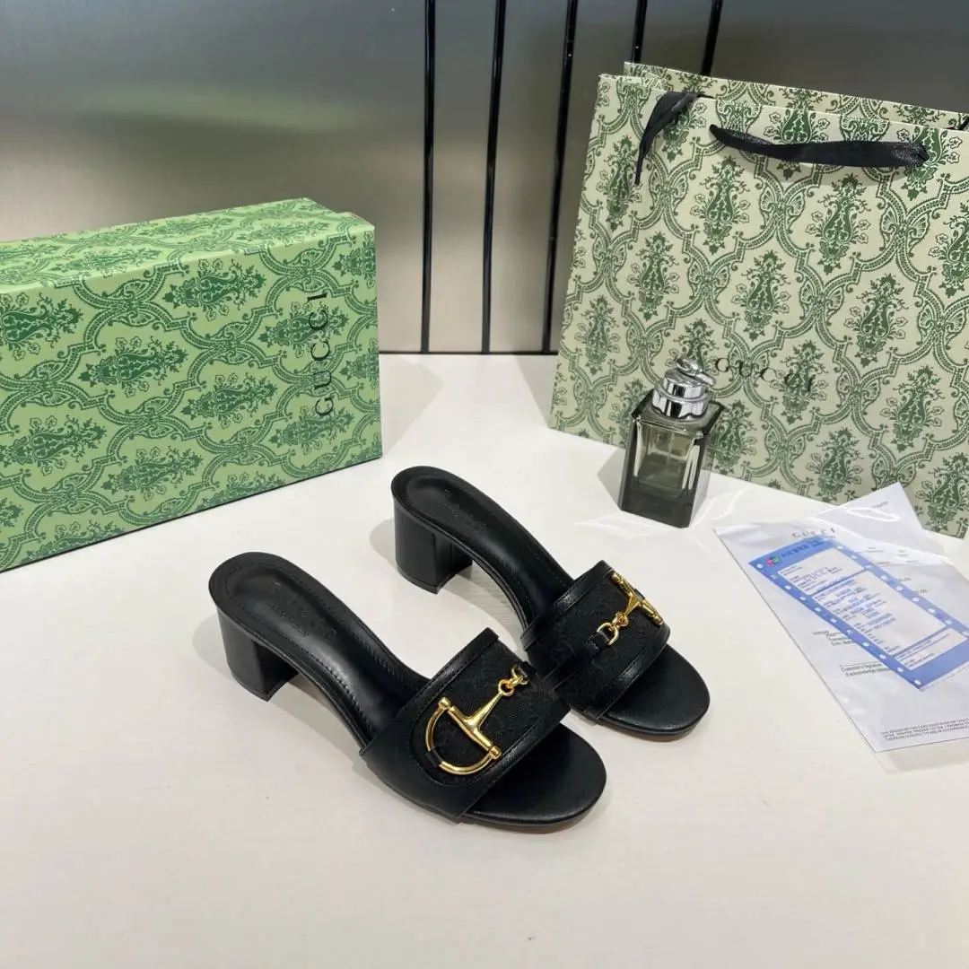 Gucci Horsebit Slide Sandals Mid Heel Iconic GG Canvas With OG Box & Carry Bag 1295-2 Black - Image 4