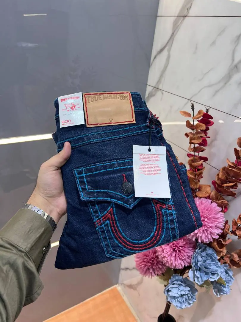 True Religio n Blue Shade Premium Imported Stretchable Lycra Fabric Boot Cut Denim with Embroidered Design 3142 - Image 3