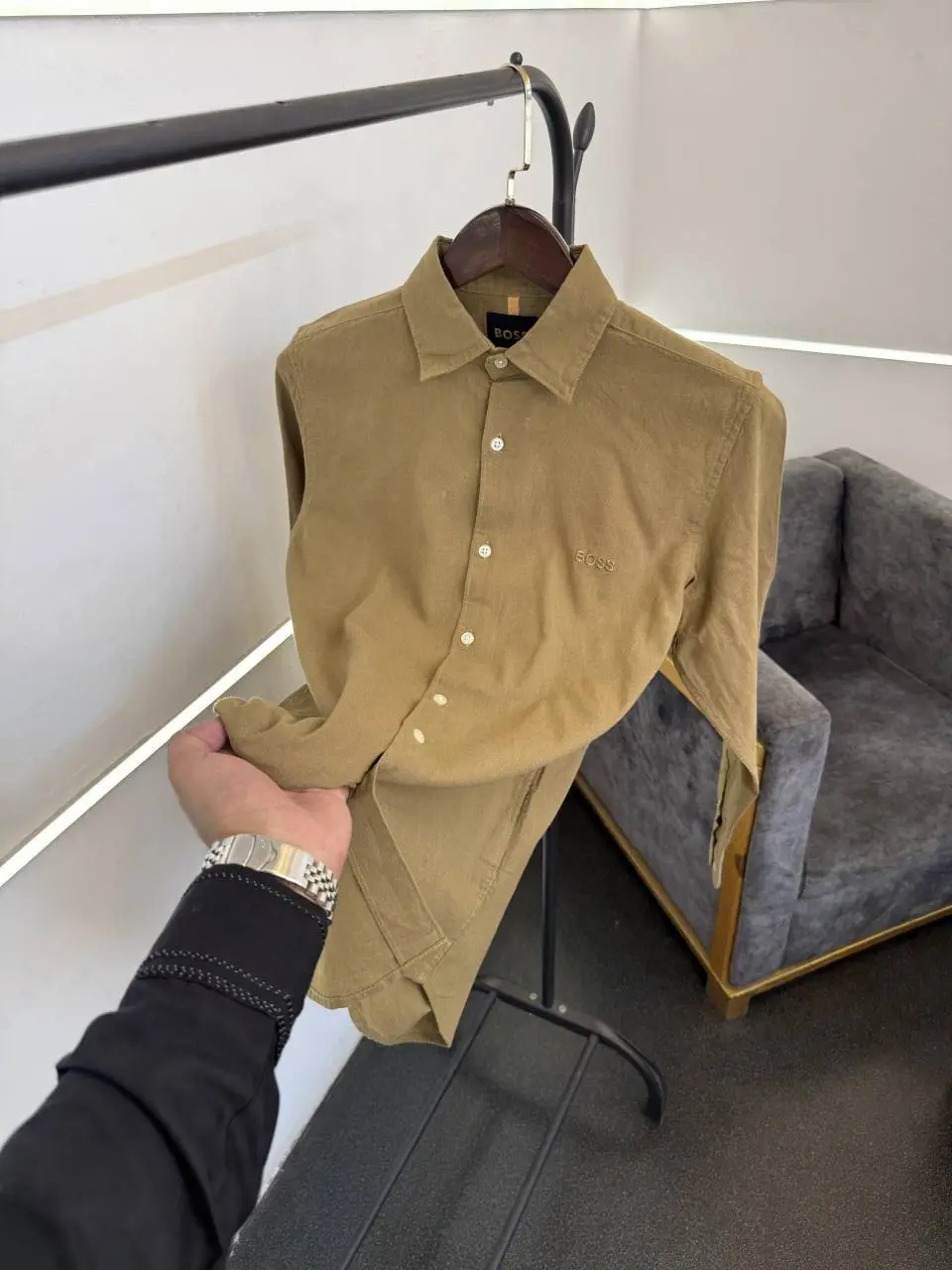 Hugo bos khaki imported linen fabric shirt with embroidery logo - Image 2