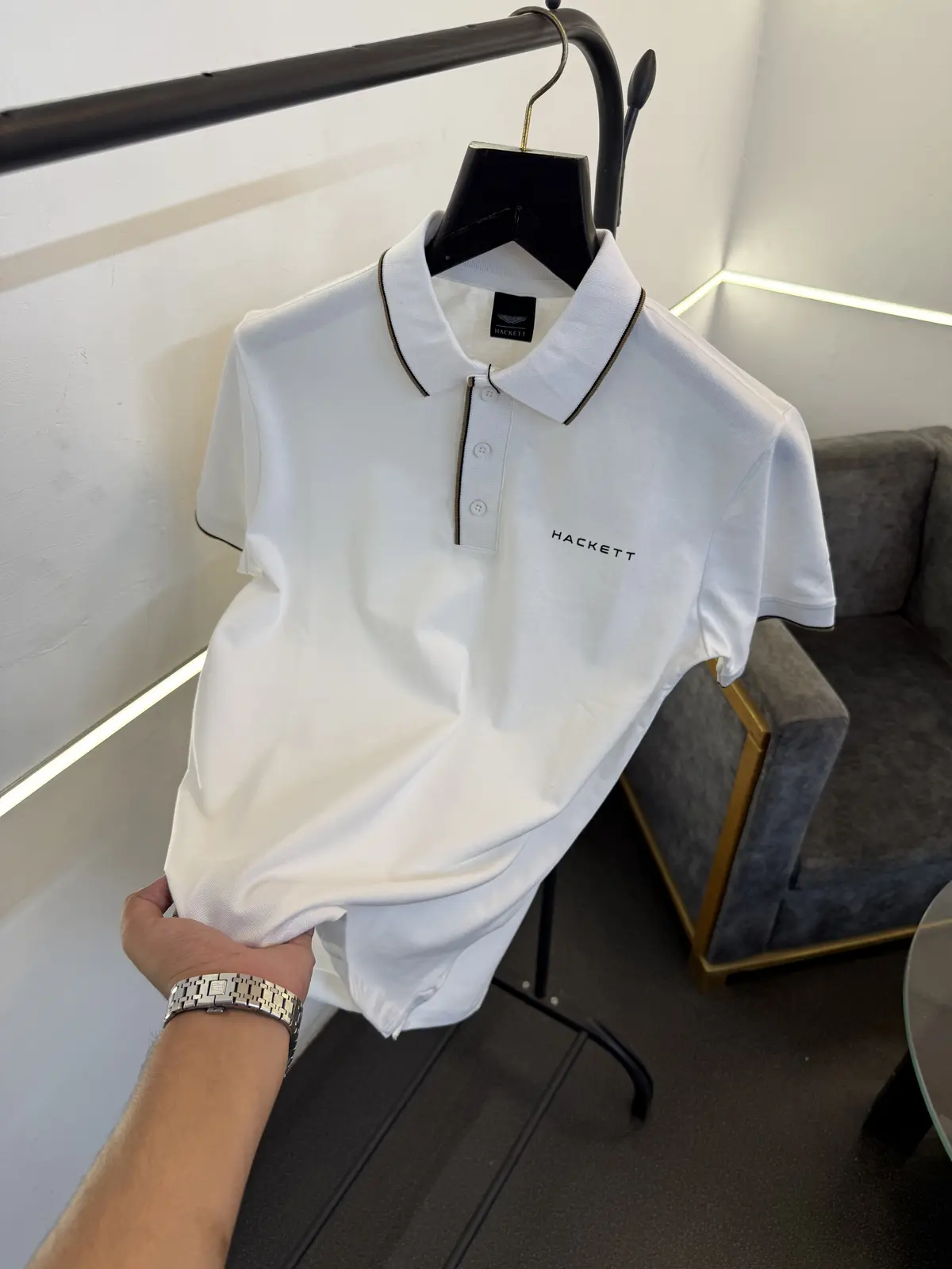 Hackett white imported polo tshirt with chest logo and border piping sale - Image 2