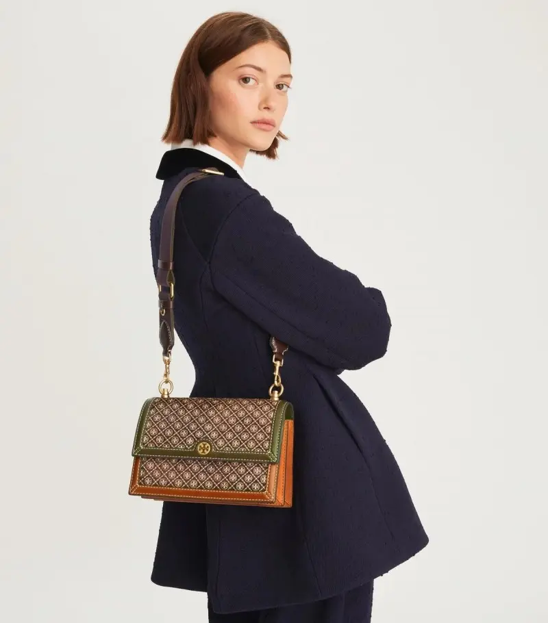 Tori Burch T Monogram Premium Leather Shoulder Bag With OG Box & Dust Bag & Accessories (Brown - 201)