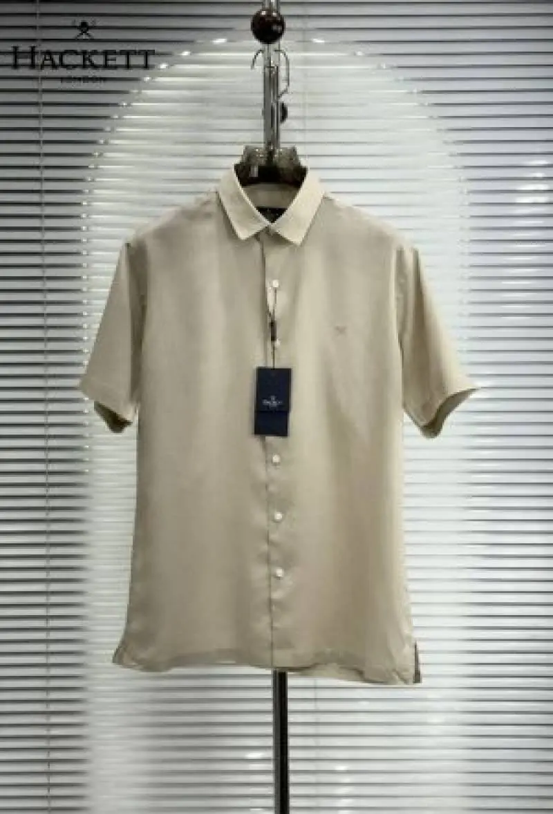 Hackett Chest Logo Half Linen Shirts Beige