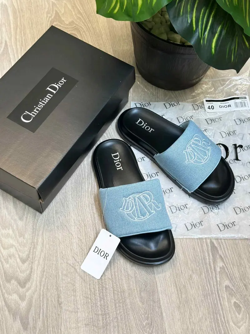 Christian Diyor Circular Embroidered Logo Premium Light Blue Black Slides - Image 2