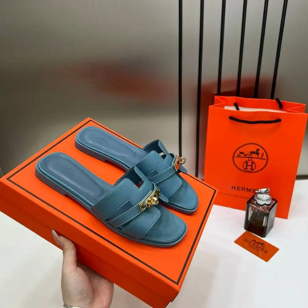 Hermes Paris Oran Flats For Her With OG Box & Carry Bag H38-41 Blue Jean Slide - Image 4