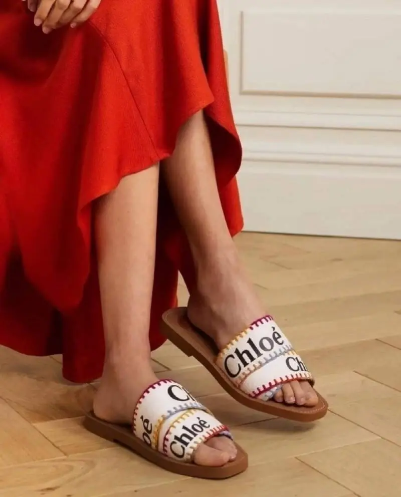 Chloe Woody Flats Slide With OG Box & Dust Bag (White Multi - 755) - Image 3