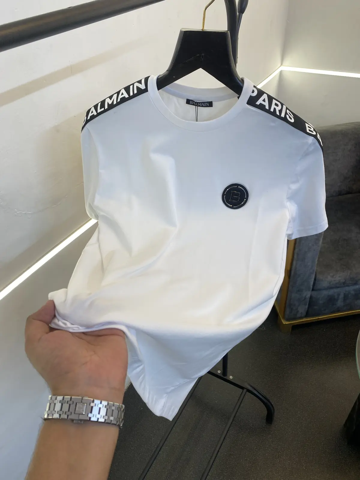 Balmain turkey imported round neck with shoulder embossed strip and chest steel logo white sale - Image 2
