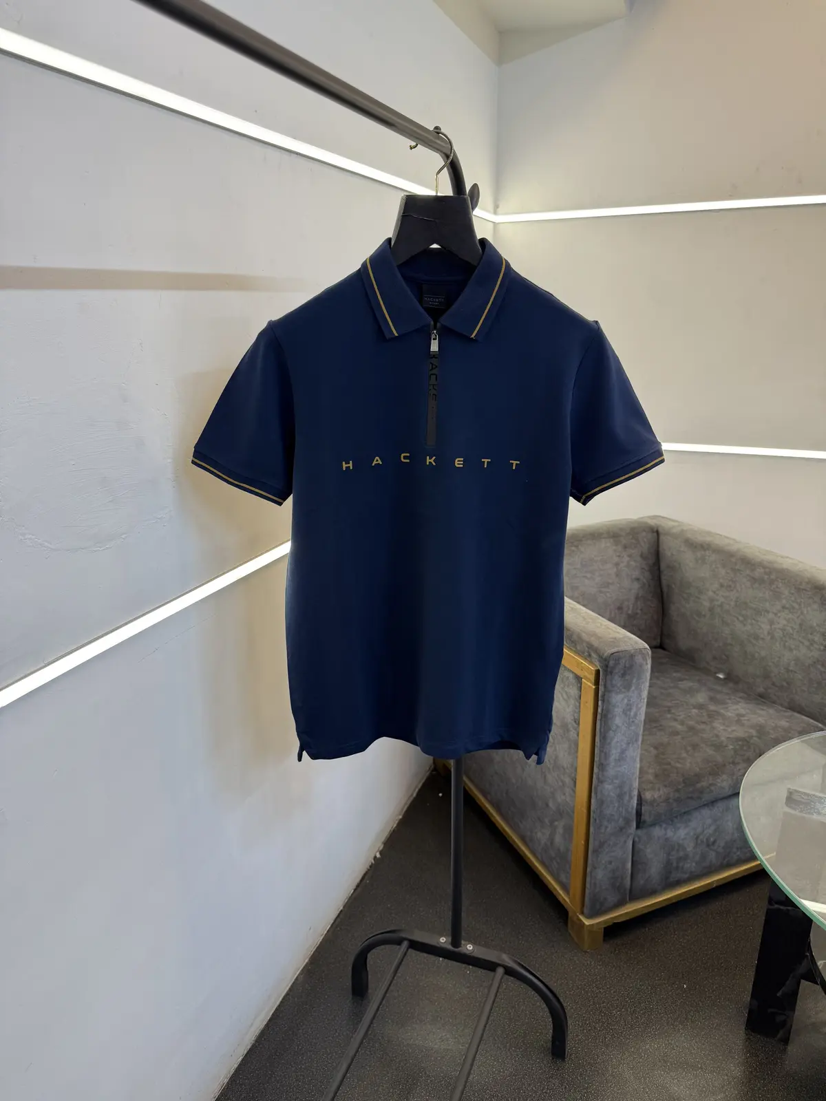 Hackett navy blue imported polo tshirt with brand zip and front name logo print sale