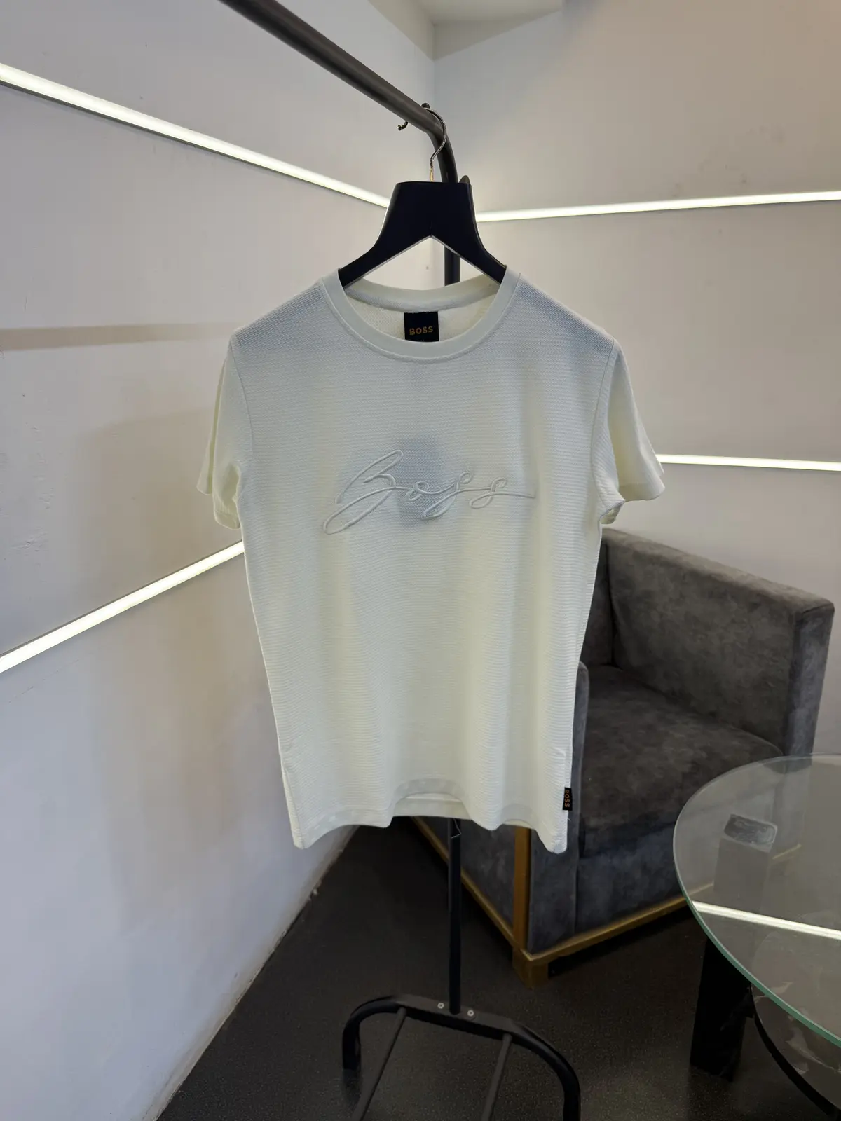 Hugo bos of white turkish imported knitted popcorn fabric round neck tshirt with embroidery logo