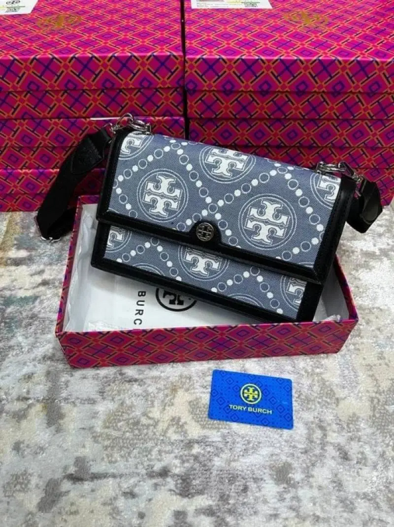 Tori Burch T Monogram Shoulder Bag With Adjustable Strap With OG Box & Dust Bag (Black - 616)