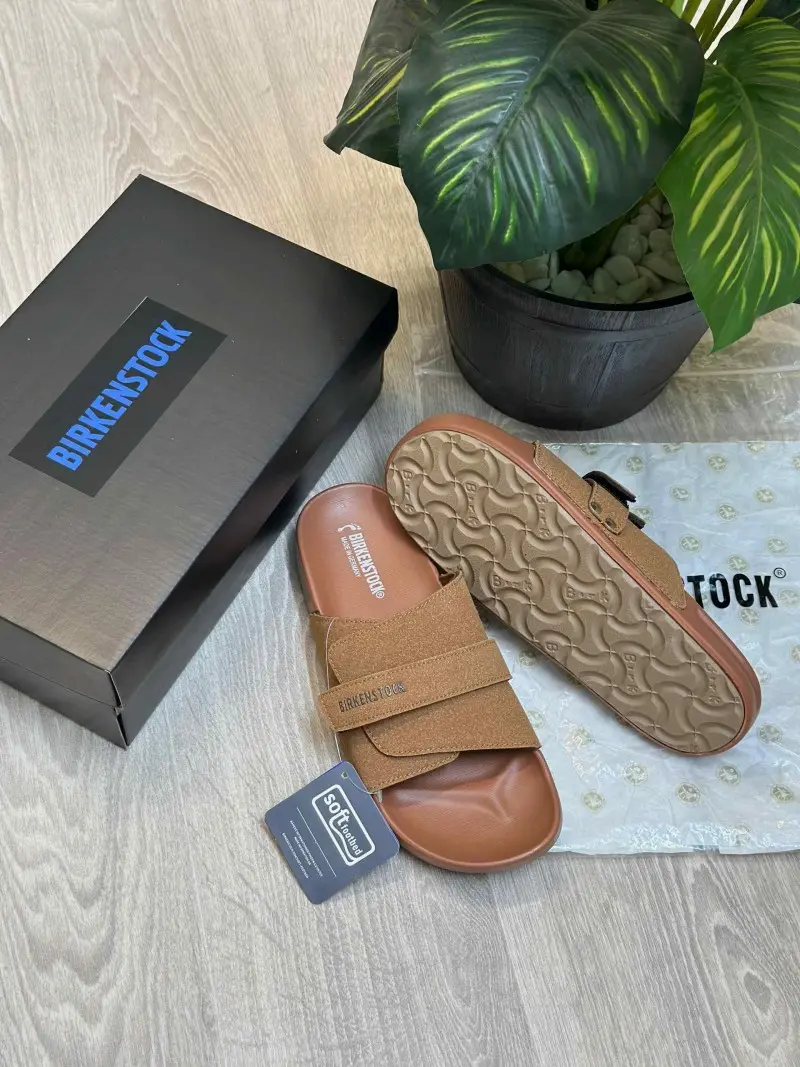 Birkenstock Adjust Kyoto Nubuck Soft Cushion Tan Slides - Image 2